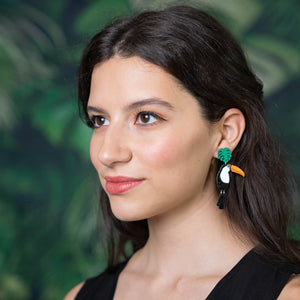 Additional view of Toco Toucan Stud Dangle Earrings hand painted on lightweight wood by LE CHIC MIAMI