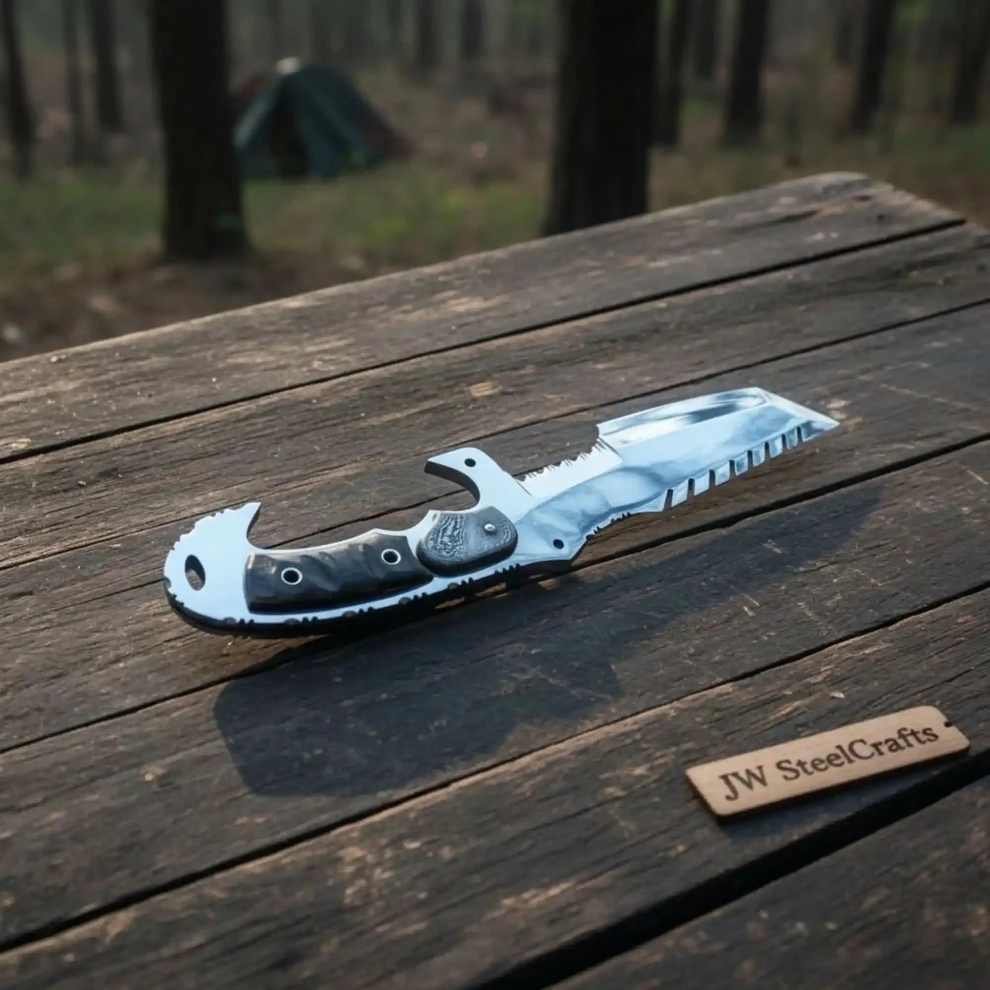 Tracker Knife Custom Handmade J2 Steel Handle Sheep Horn & Damascus Bolster 13 by JW SteelCrafts, Damascus knife main product photo