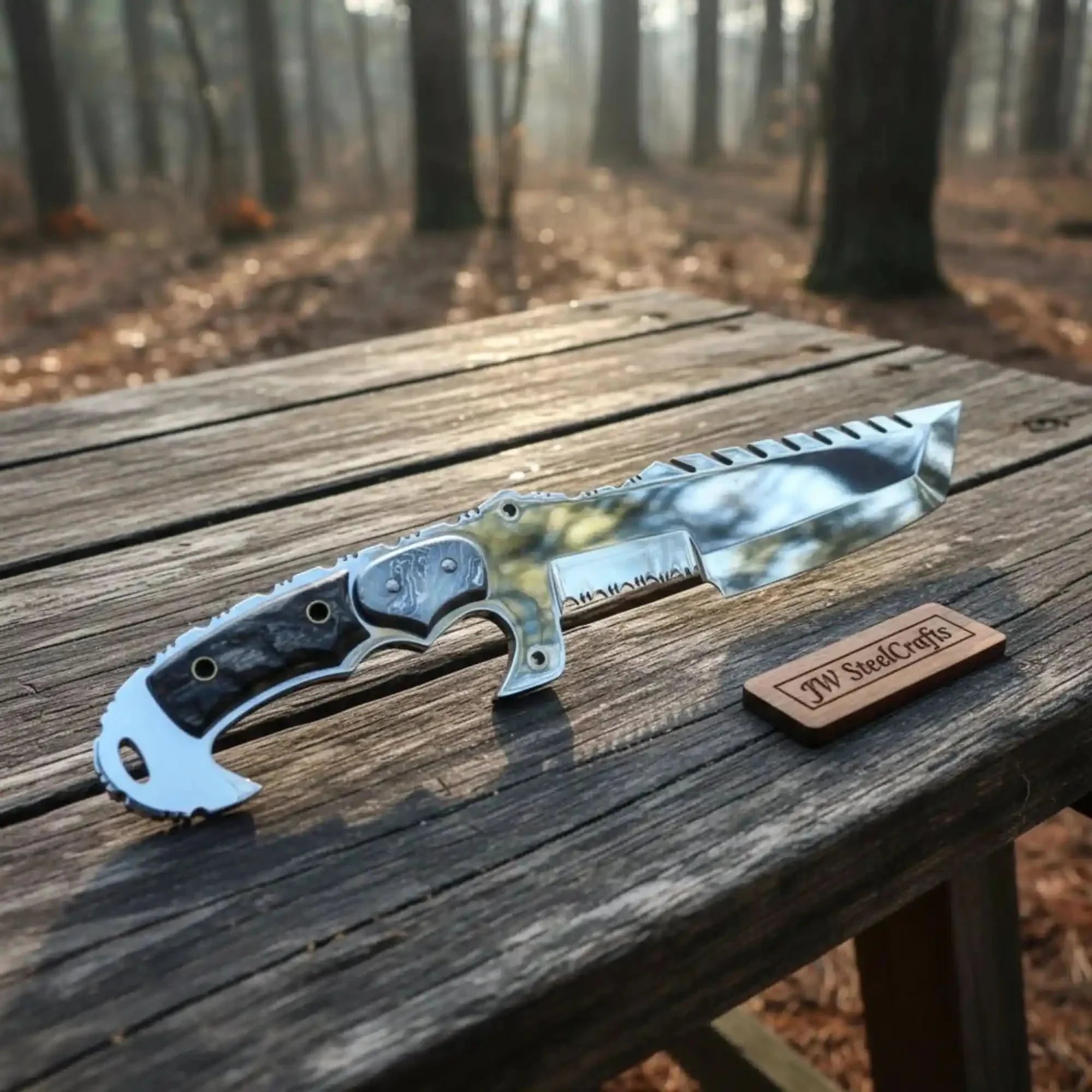 Tracker Knife Custom Handmade J2 Steel Handle Sheep Horn & Damascus Bolster 13 by JW SteelCrafts, Damascus knife detail photo 2