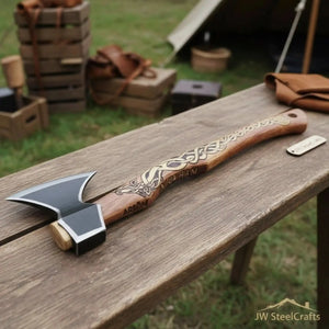 Hand-Forged Viking Bearded Camp Axe with Engraved Hardwood Handle