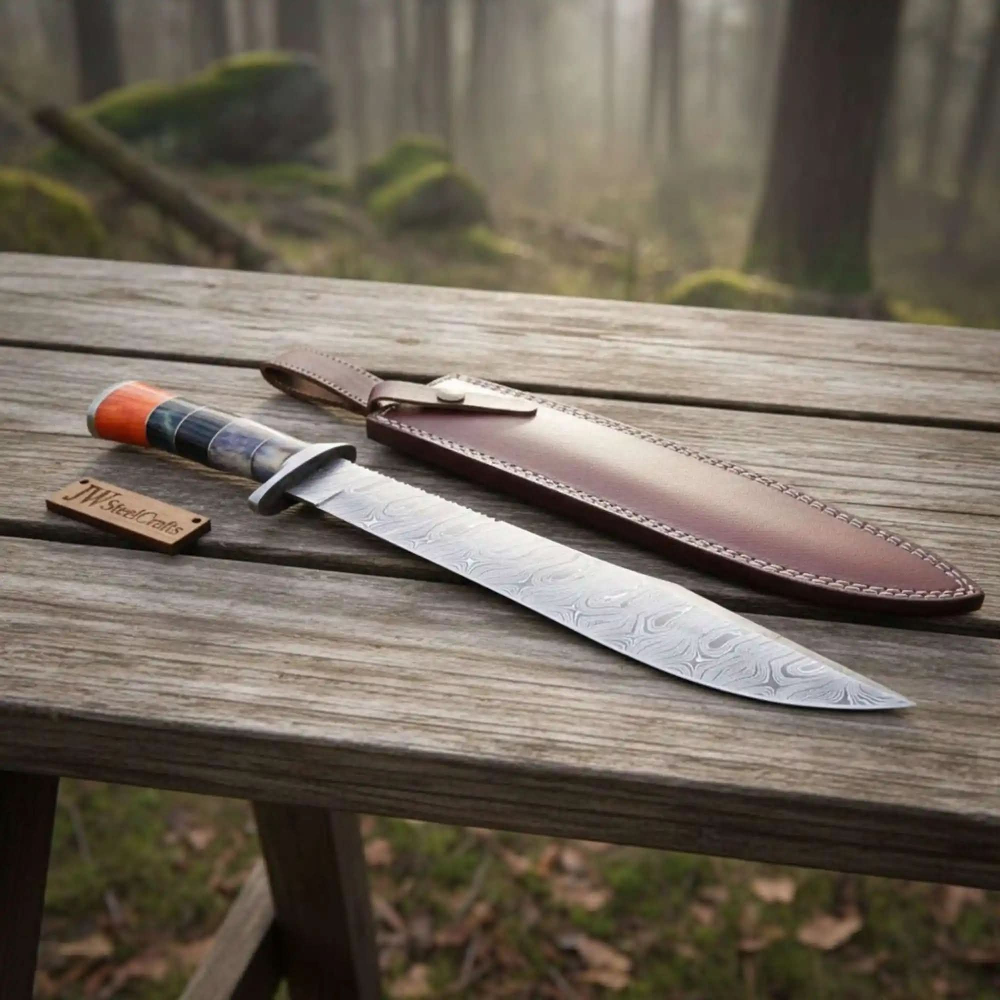 Handmade California Clip Point Bowie Knife with Damascus Steel Blade by JW SteelCrafts, Damascus knife main product photo