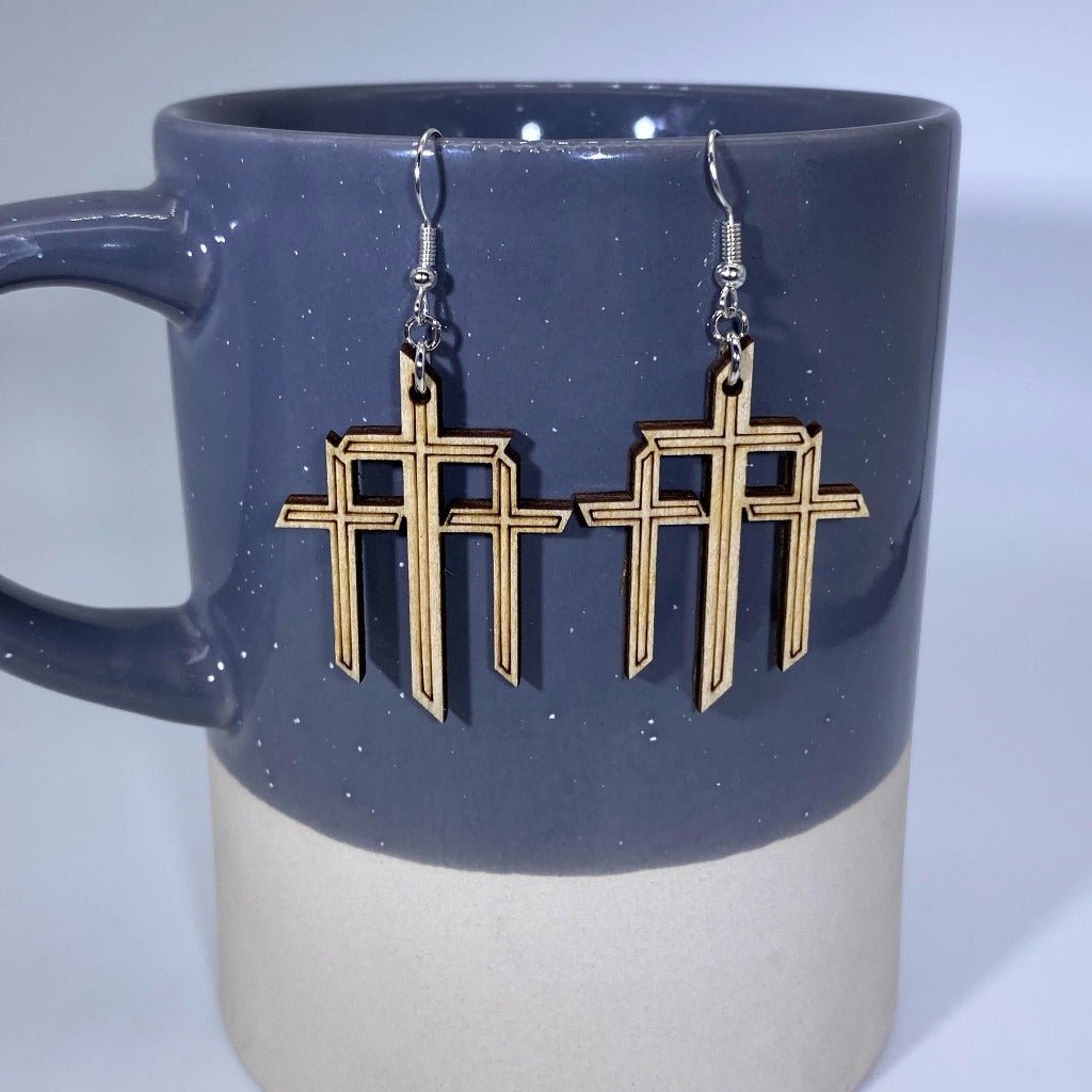 Triple Cross Wooden Dangle Earrings | Cross Symbol Jewelry