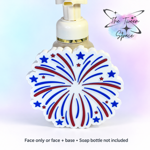 Red, white and blue fireworks interchangeable face; soap bottle not included.