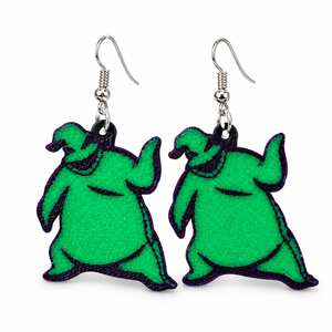 Green Oogie Boogie earring pair with silver-tone hooks on a white background