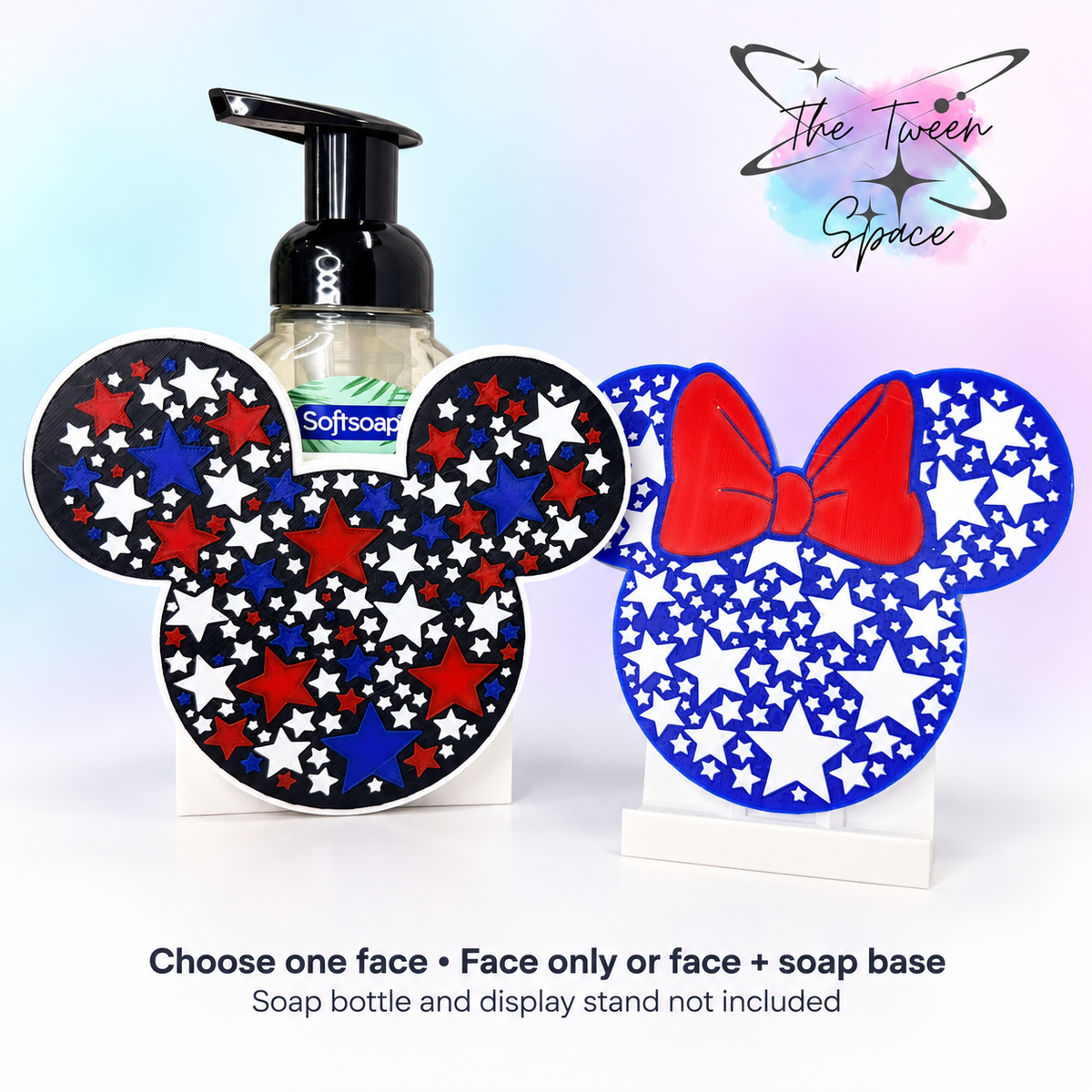 Two patriotic mouse face choices: boy with stars and girl with red bow. Choose one; soap bottle and display stand not included.