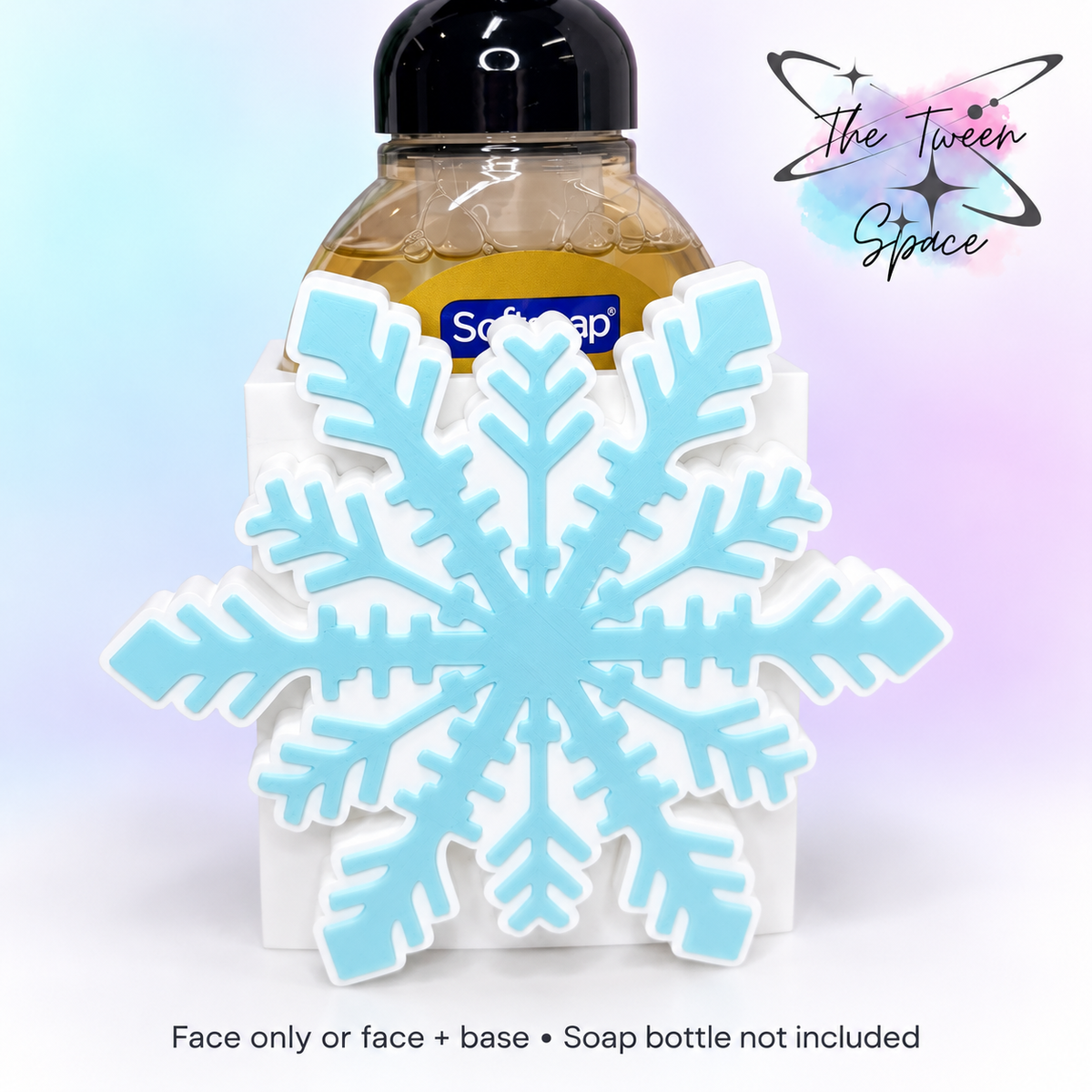 Blue and white snowflake interchangeable face; soap bottle not included.