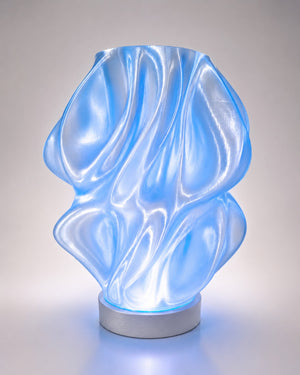 Close up of lightweight transparent PLA 3D printed LED lamp by The Tween Space