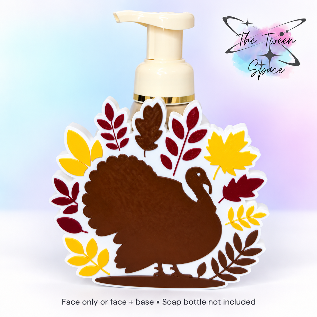 Turkey interchangeable face surrounded by autumn leaves; soap bottle not included.