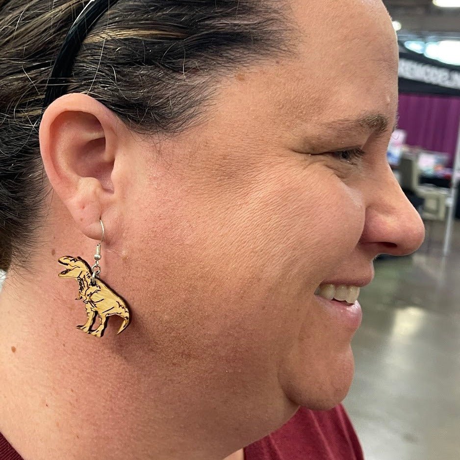 T Rex Dinosaur Wooden Dangle Earrings | Prehistoric Jewelry