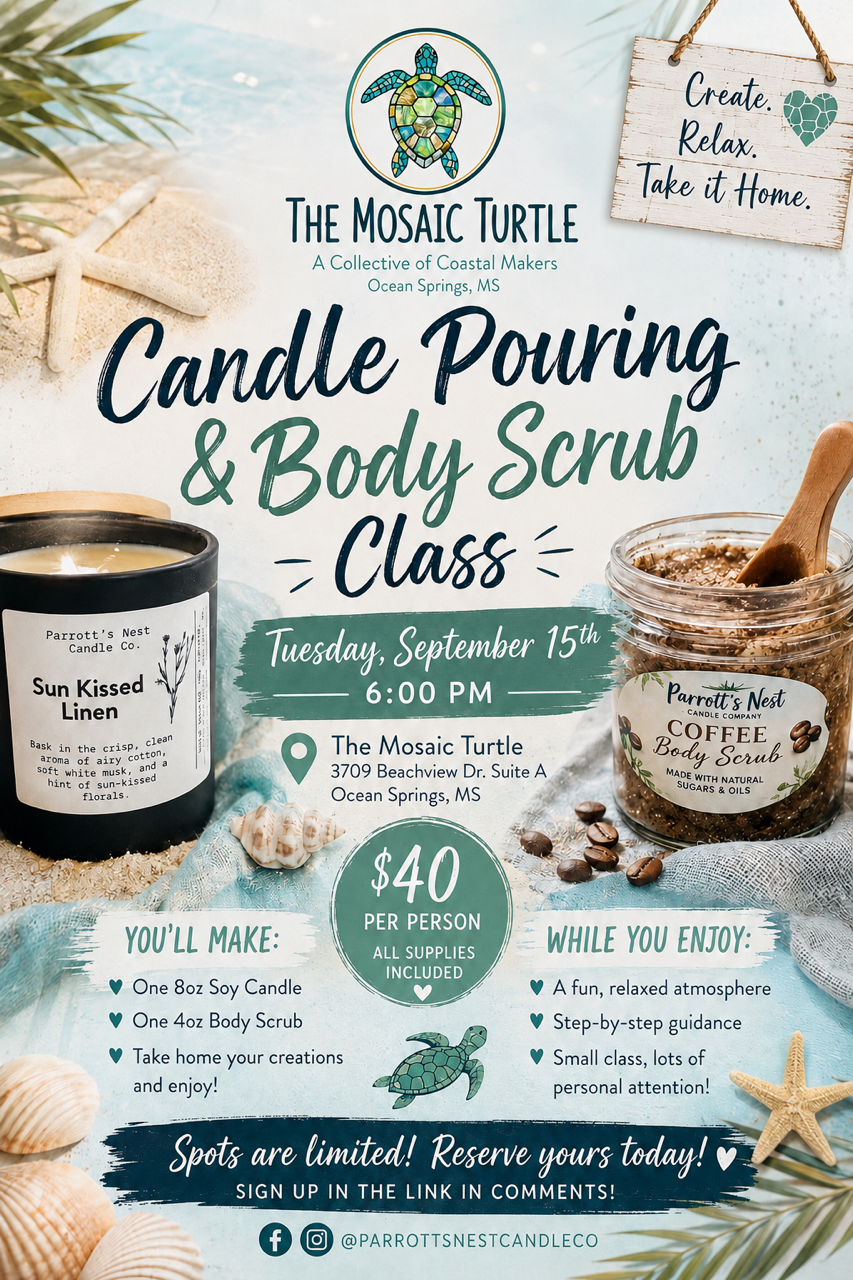 Candle pouring and body scrub class at The Mosaic Turtle in Ocean Springs