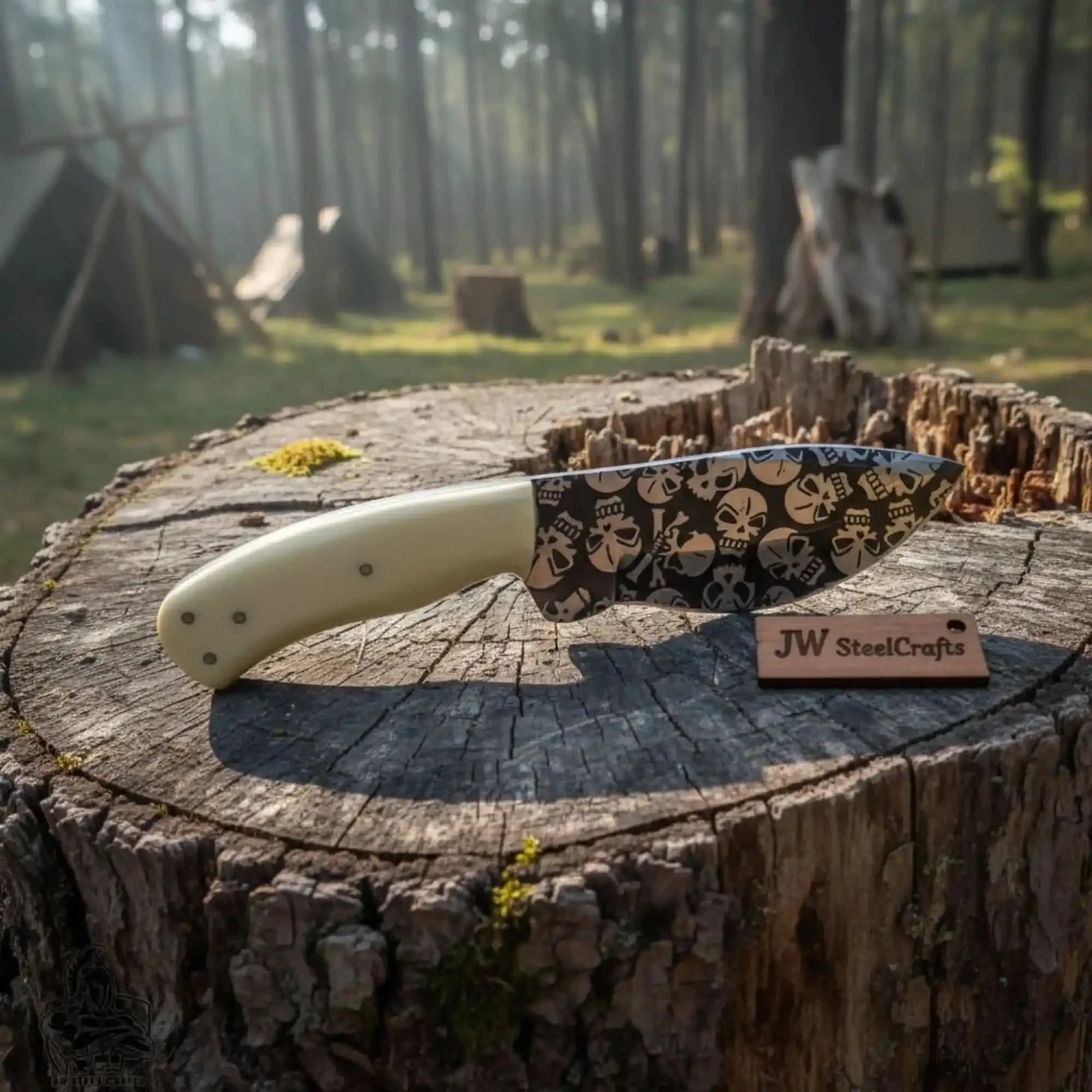 Damascus Skinner Knife White Resin Handle 7” by JW SteelCrafts, Damascus knife main product photo