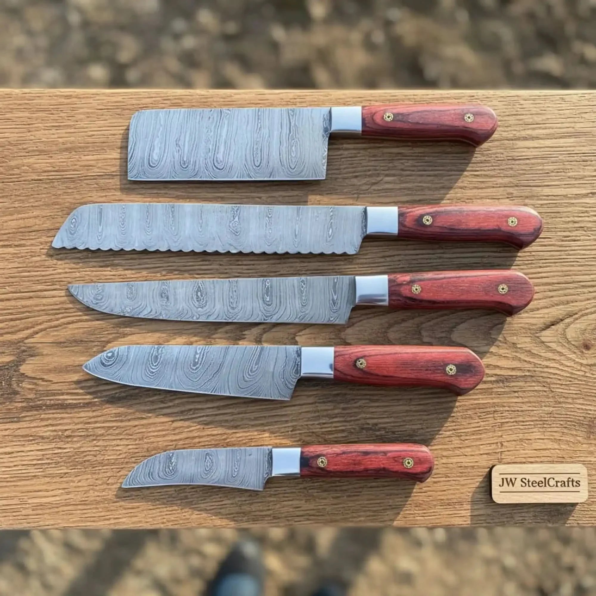 10" Chinese Cleaver & 13" Carving Knife Set — Twisted Damascus Steel with Red Pakka Wood Handles | JW SteelCrafts by JW SteelCrafts, Damascus knife main product photo
