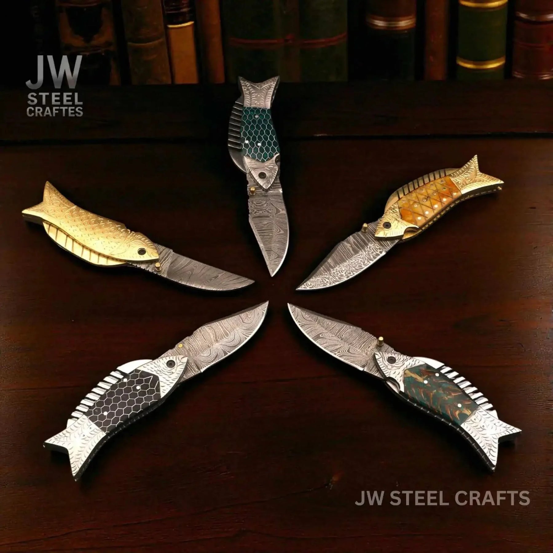Fish-Style Damascus Folding Knife | 5 Color Variants | Hand-Engraved Collectible