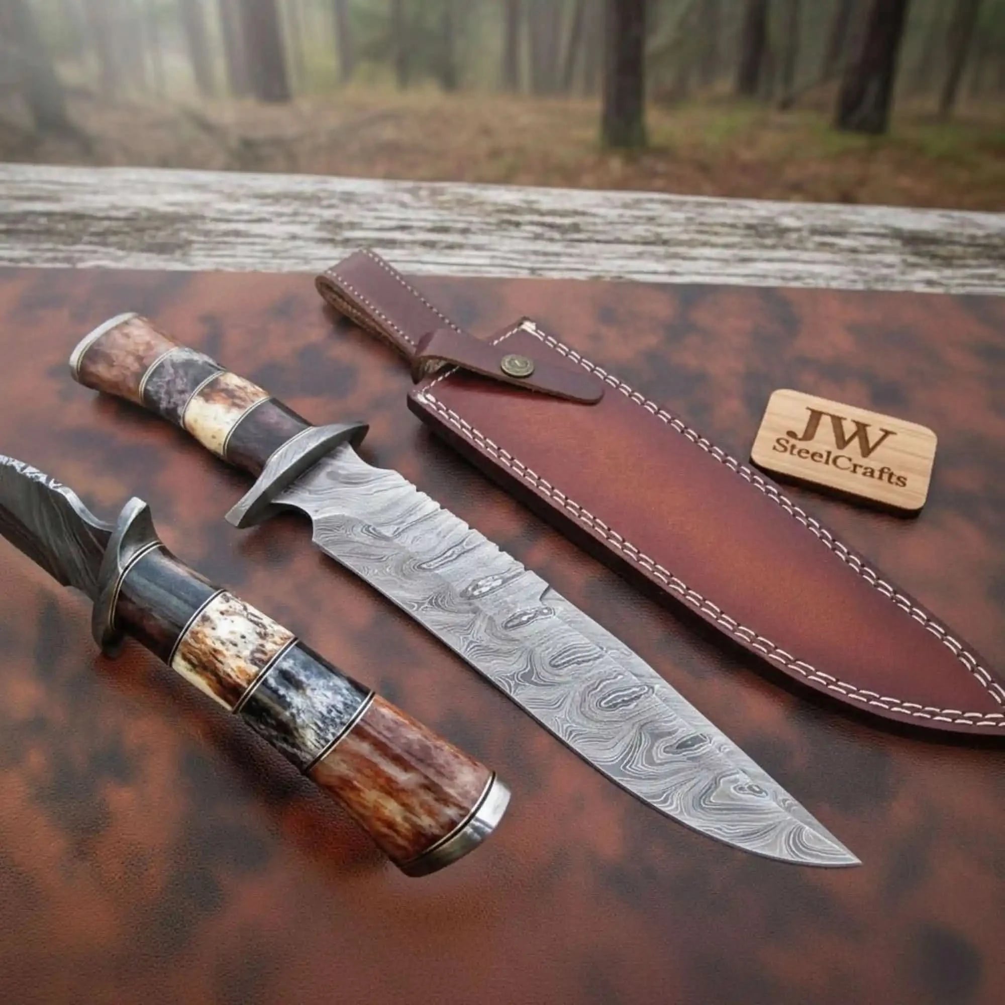 Handcrafted Frontier Clip Point Bowie Knife in Forged Damascus Steel by JW SteelCrafts, Damascus knife main product photo