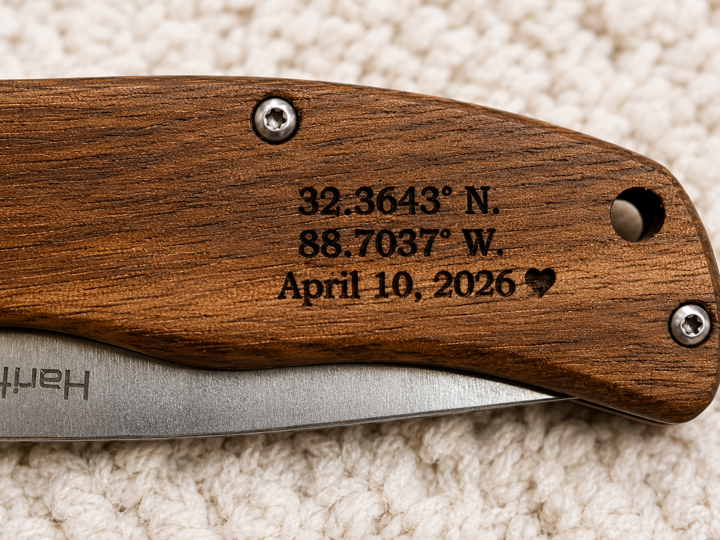 Personalized Engraved Wood Handle Pocket Knife by Poor Hog Customs, Damascus knife detail photo 4