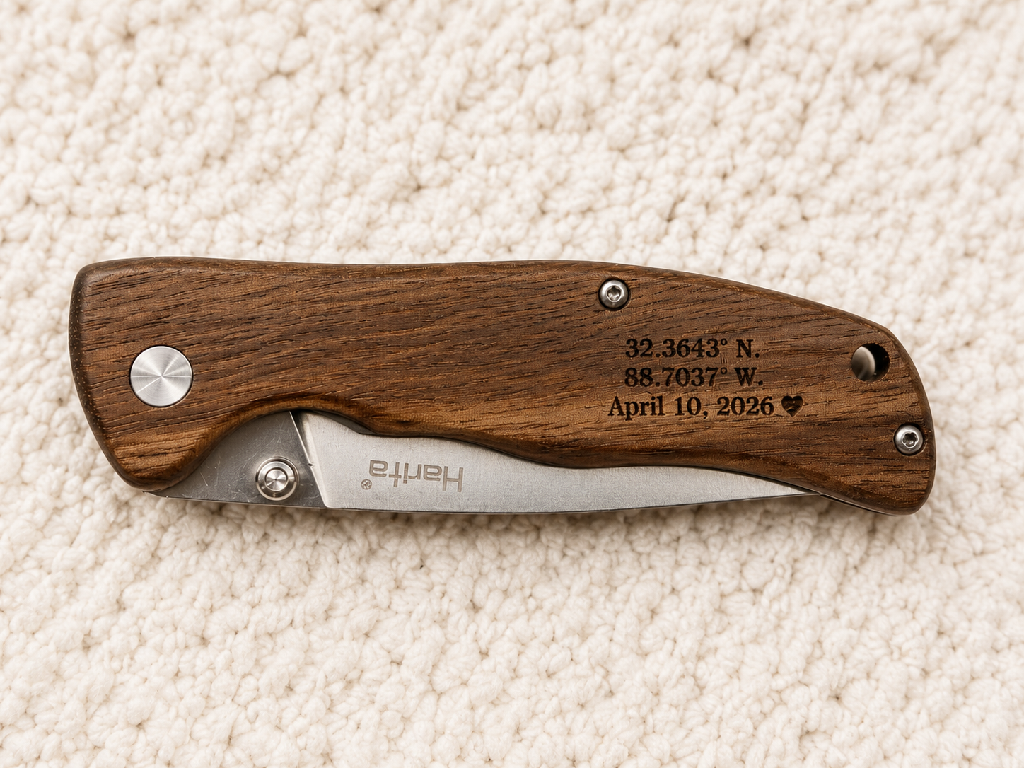 Personalized Engraved Wood Handle Pocket Knife by Poor Hog Customs, Damascus knife main product photo