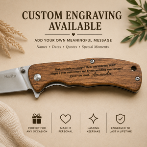 Personalized Engraved Wood Handle Pocket Knife by Poor Hog Customs, Damascus knife detail photo 9
