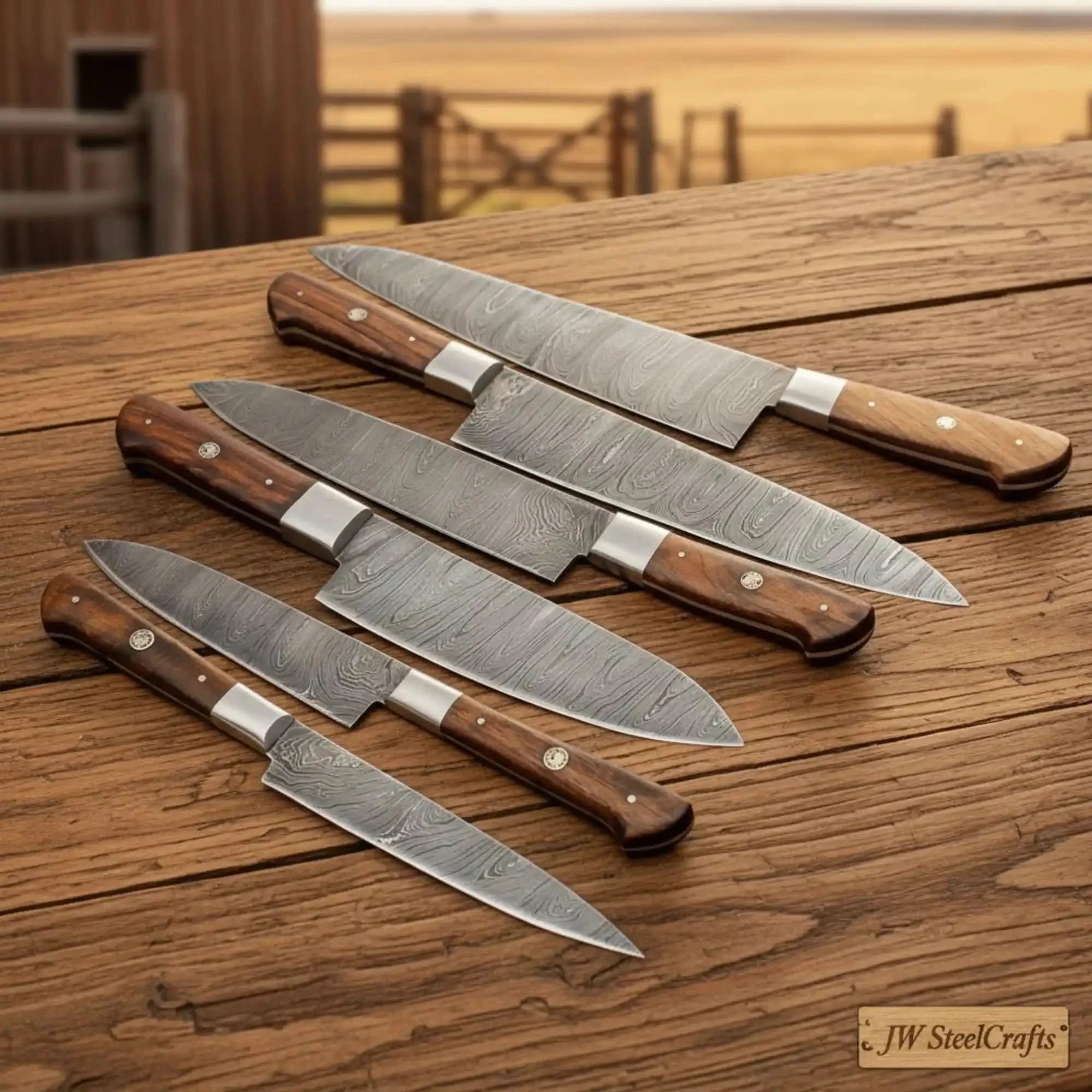 6-Piece Damascus Kitchen Knife Set — Gyuto, Slicer, Santoku & Rosewood Handles | JW SteelCrafts by JW SteelCrafts, Damascus knife main product photo