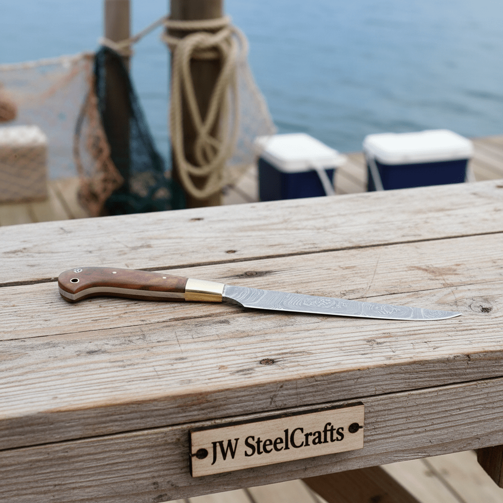 Handmade Damascus Fillet Knife - Premium Blade for Fish Processing & Trimming by JW SteelCrafts, Damascus knife main product photo