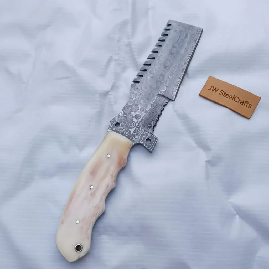 Handmade Damascus Tracker Knife with Bone Handle, Fixed Blade Bushcraft Survival Knife by JW SteelCrafts, Damascus knife main product photo