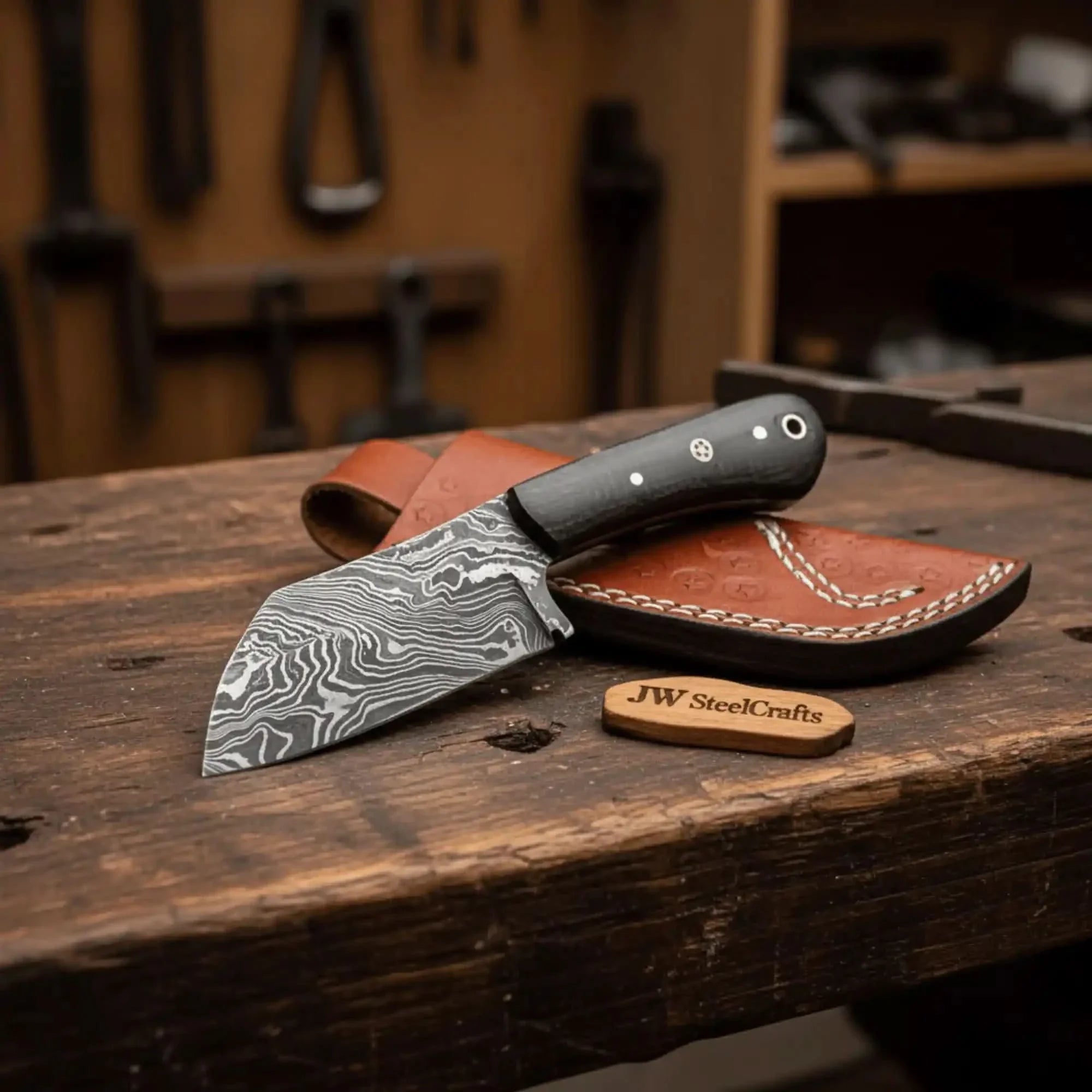 3" Blade Forged Damascus Skinning Knife — Black Micarta Handle & Leather Sheath | JW SteelCrafts by JW SteelCrafts, leather knife sheath main product photo