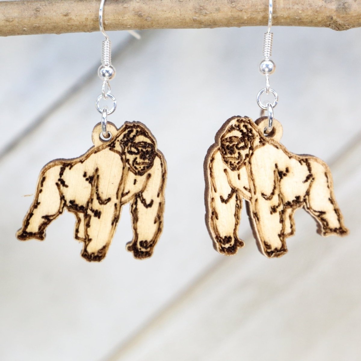 Gorilla Wooden Earrings | Wildlife Primate Animal Jewelry