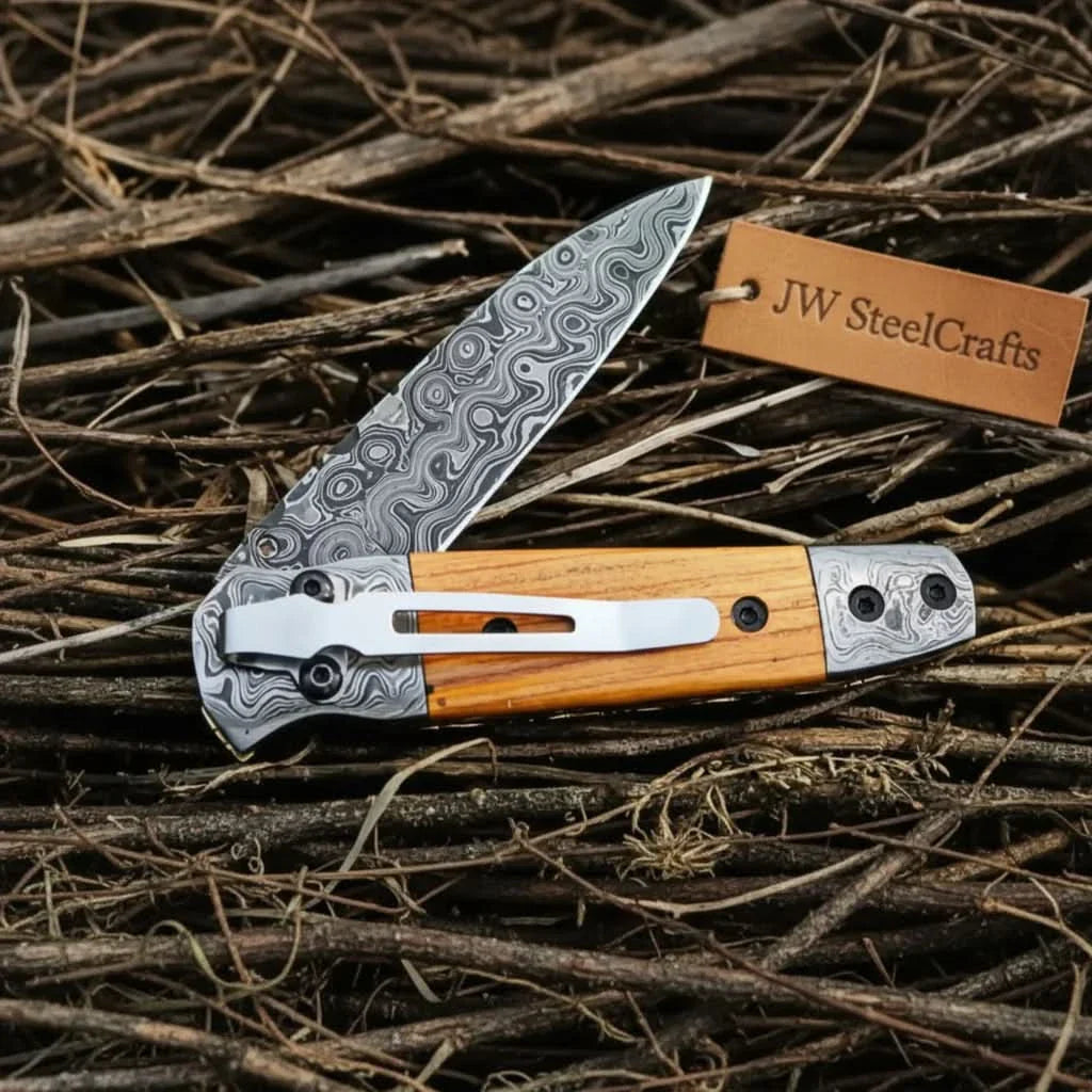 Damascus Steel Folding Knife with Olive Wood Handle by JW SteelCrafts, Damascus knife main product photo