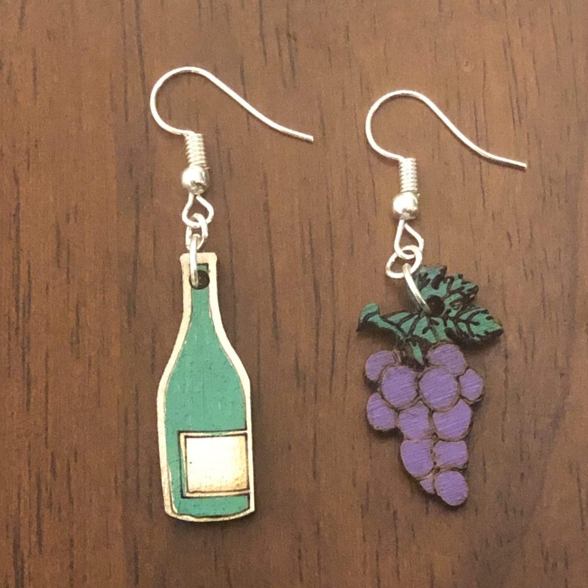 Wine Bottle and Grapes Wooden Dangle Earrings | Wine Lover Jewelry by Cate's Concepts, LLC, handmade jewelry main product photo