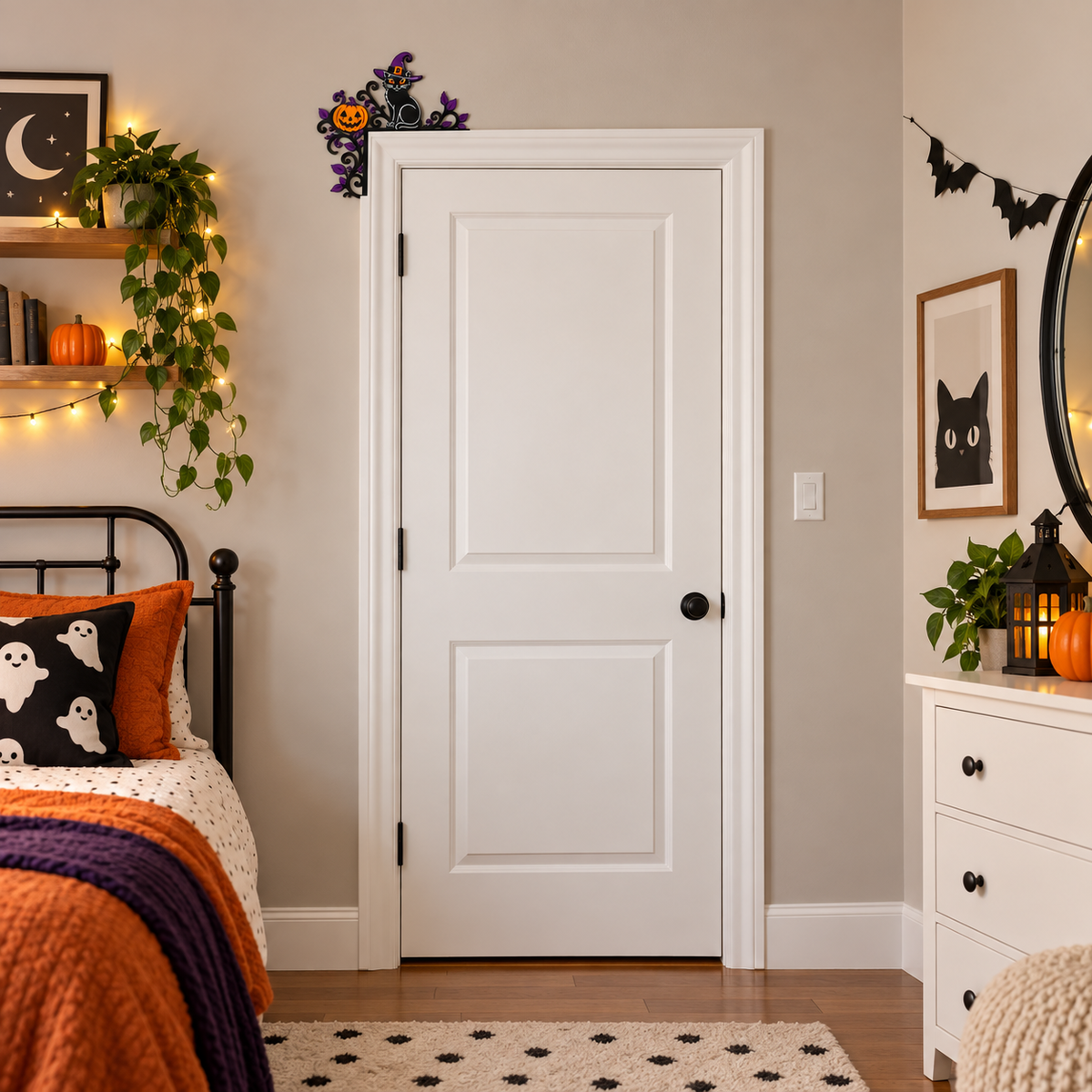 Witch cat and pumpkin Halloween door topper shown on a full bedroom door for scale