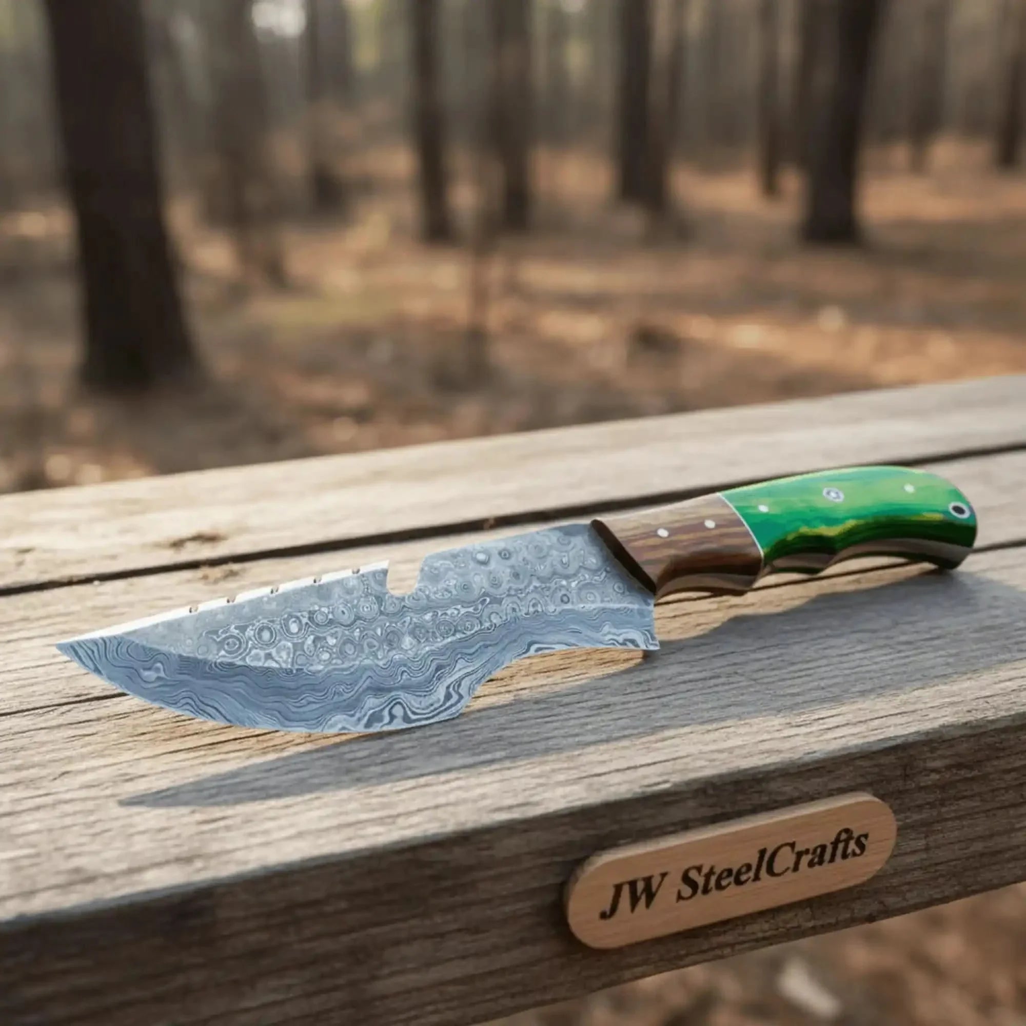 Handmade Damascus Tracker Knife 10 Inch with Green Pakka Wood and Rosewood Handle by JW SteelCrafts, Damascus knife main product photo