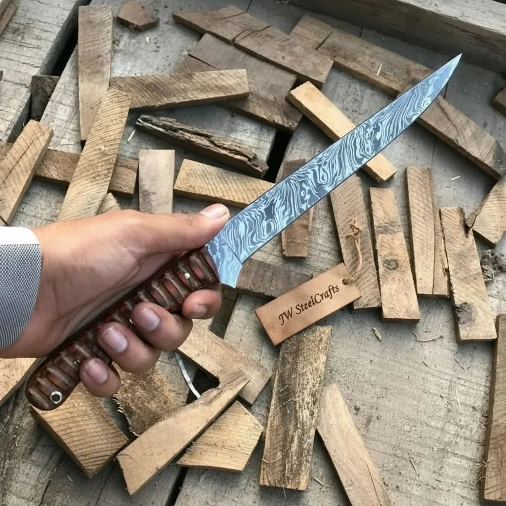 Hand-forged 13.5 Damascus Fish Fillet Knife – Flexible Full Tang with Ridged Texture Rosewood Handle by JW SteelCrafts, Damascus knife main product photo