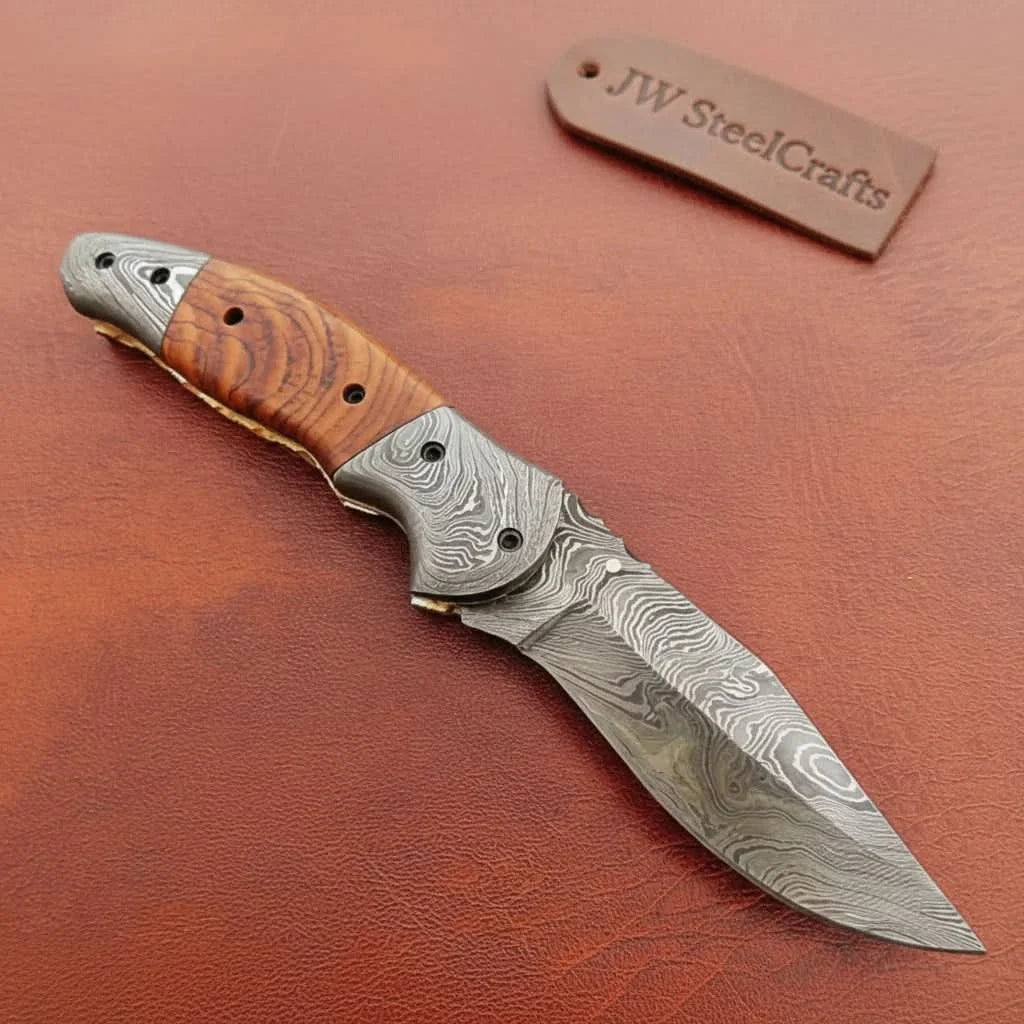 Handmade Damascus Steel Folding Knife with Amber Burl Wood Handle – Custom Pocket Knife by JW SteelCrafts by JW SteelCrafts, Damascus knife main product photo