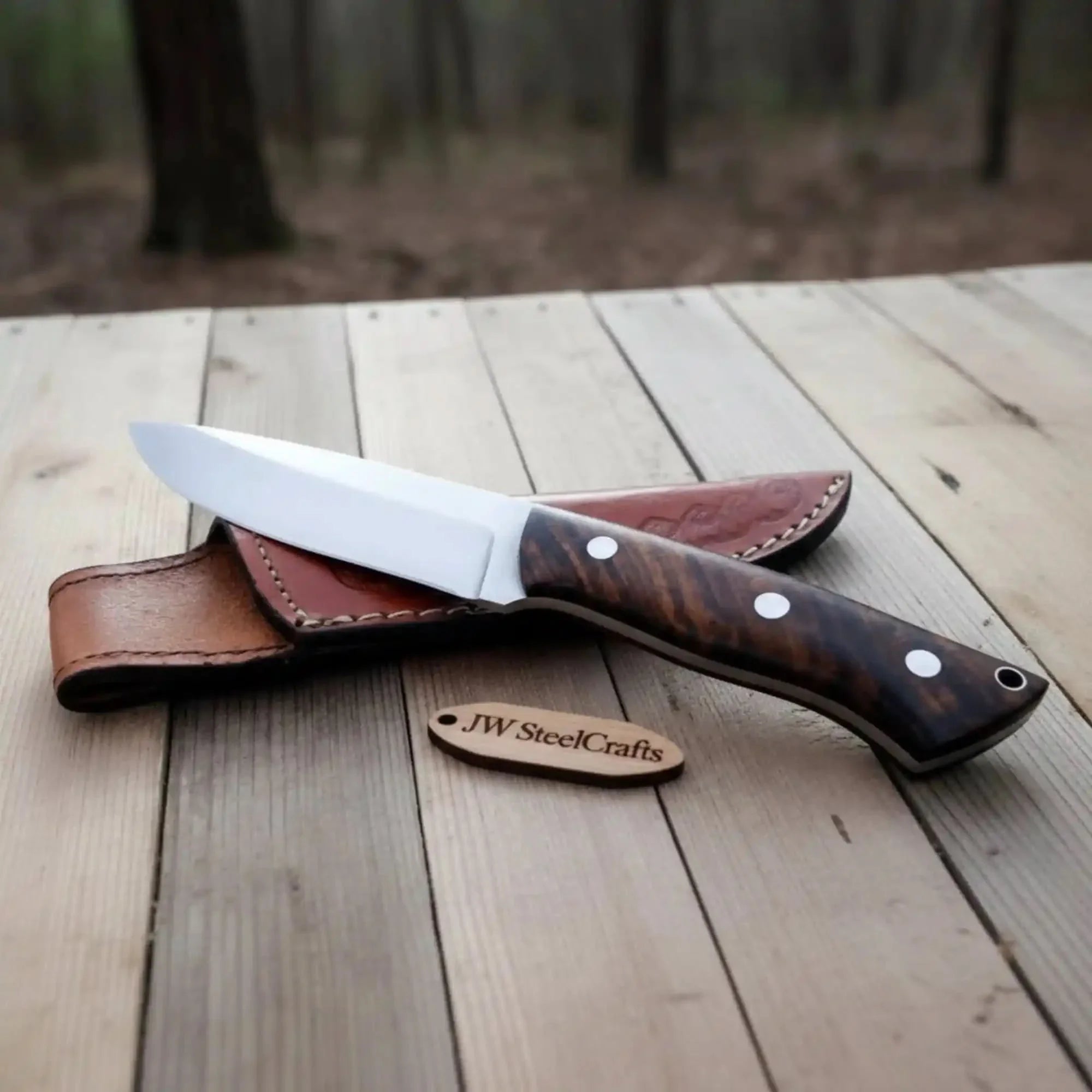 Drop Point Hunting Knife Stainless Steel Blade Rosewood Handle Fixed Blade Field Knife with Leather Sheath by JW SteelCrafts, leather knife sheath main product photo