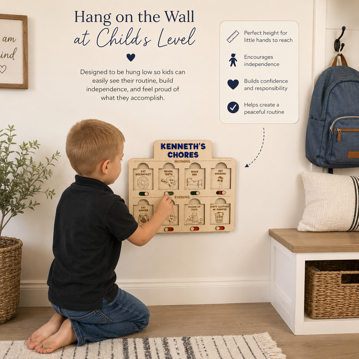 Personalized Wooden Routine Chart for Child with Chore Sliders and Interchangeable Task Cards