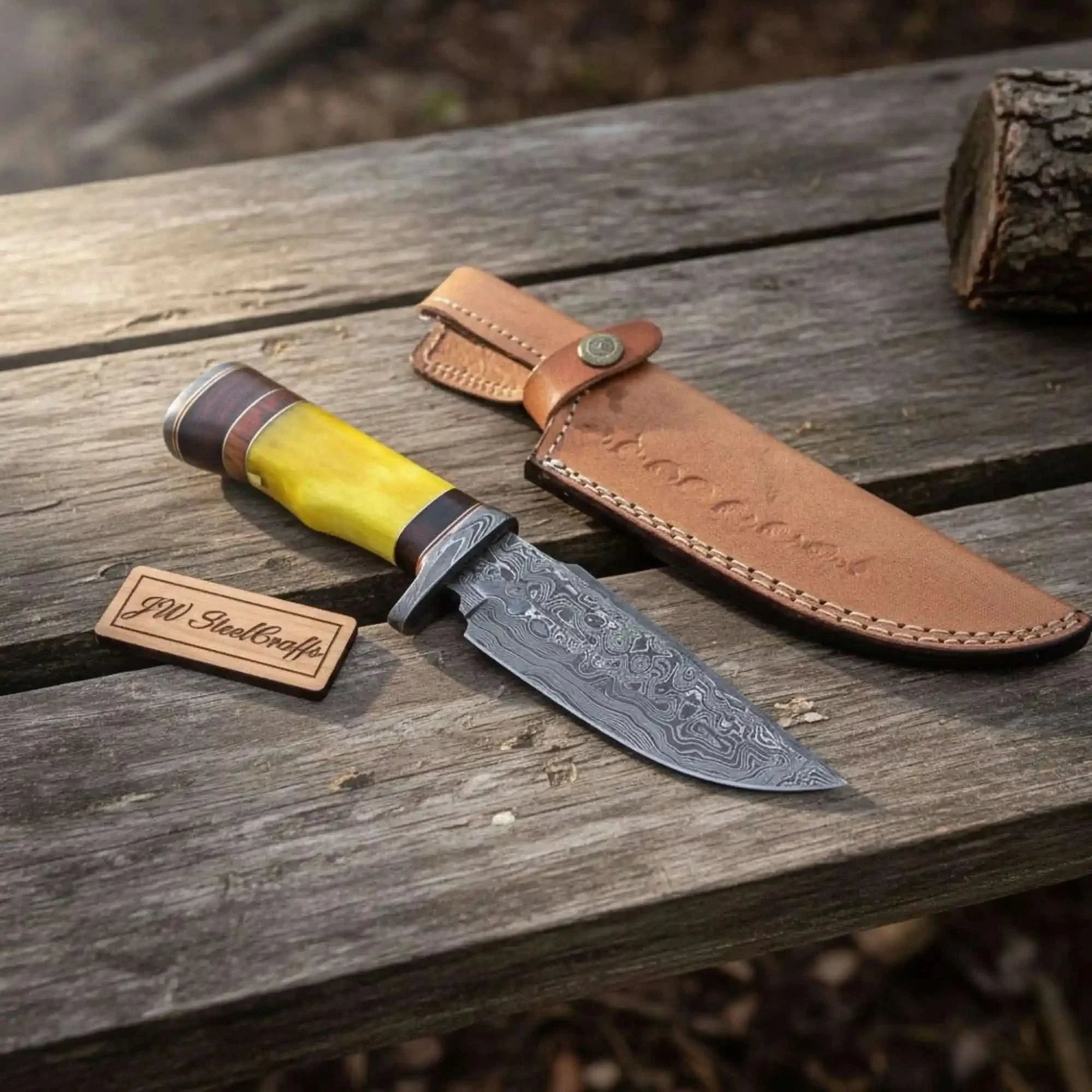 Frontier Clip Point Bowie Knife, Forged Damascus Steel with Colored Bone & Wood Spacer Handle by JW SteelCrafts, Damascus knife main product photo