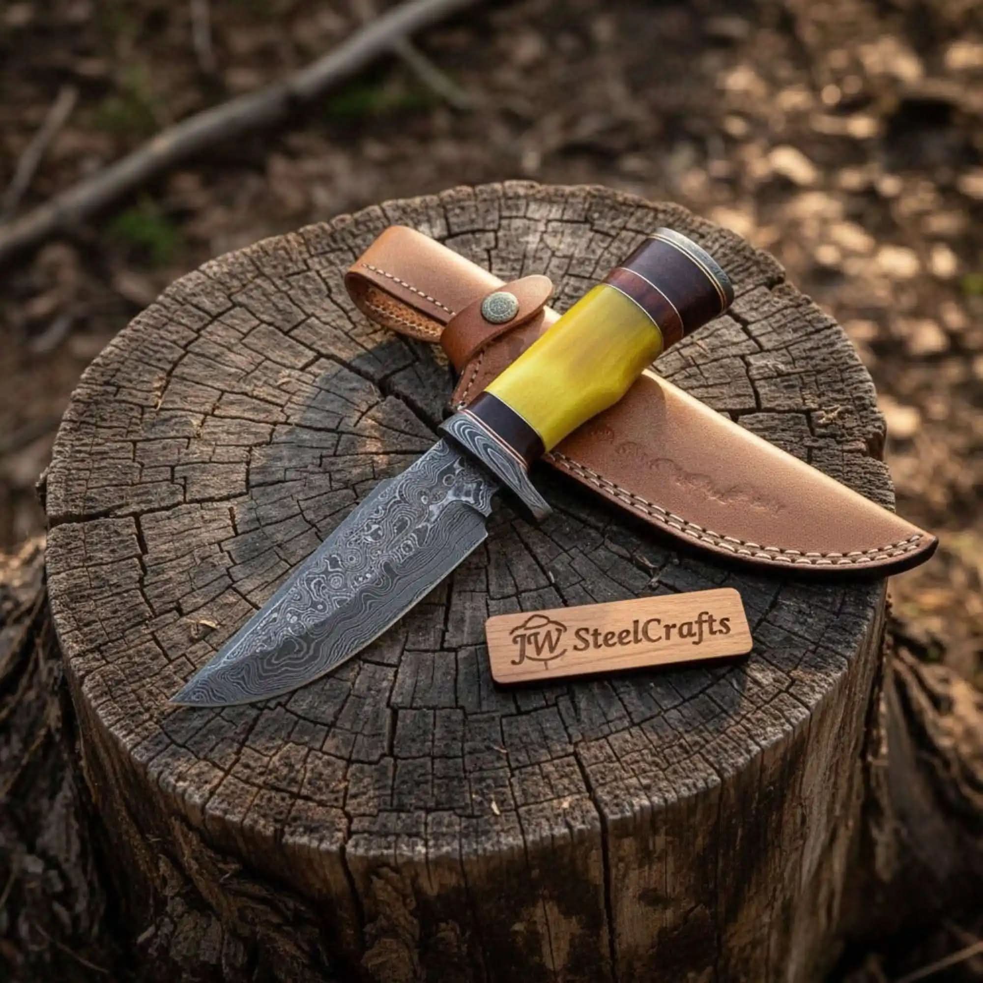 Handmade Hunter Clip Point Bowie Knife Damascus Steel Yellow Handle JW SteelCrafts by JW SteelCrafts, Damascus knife main product photo