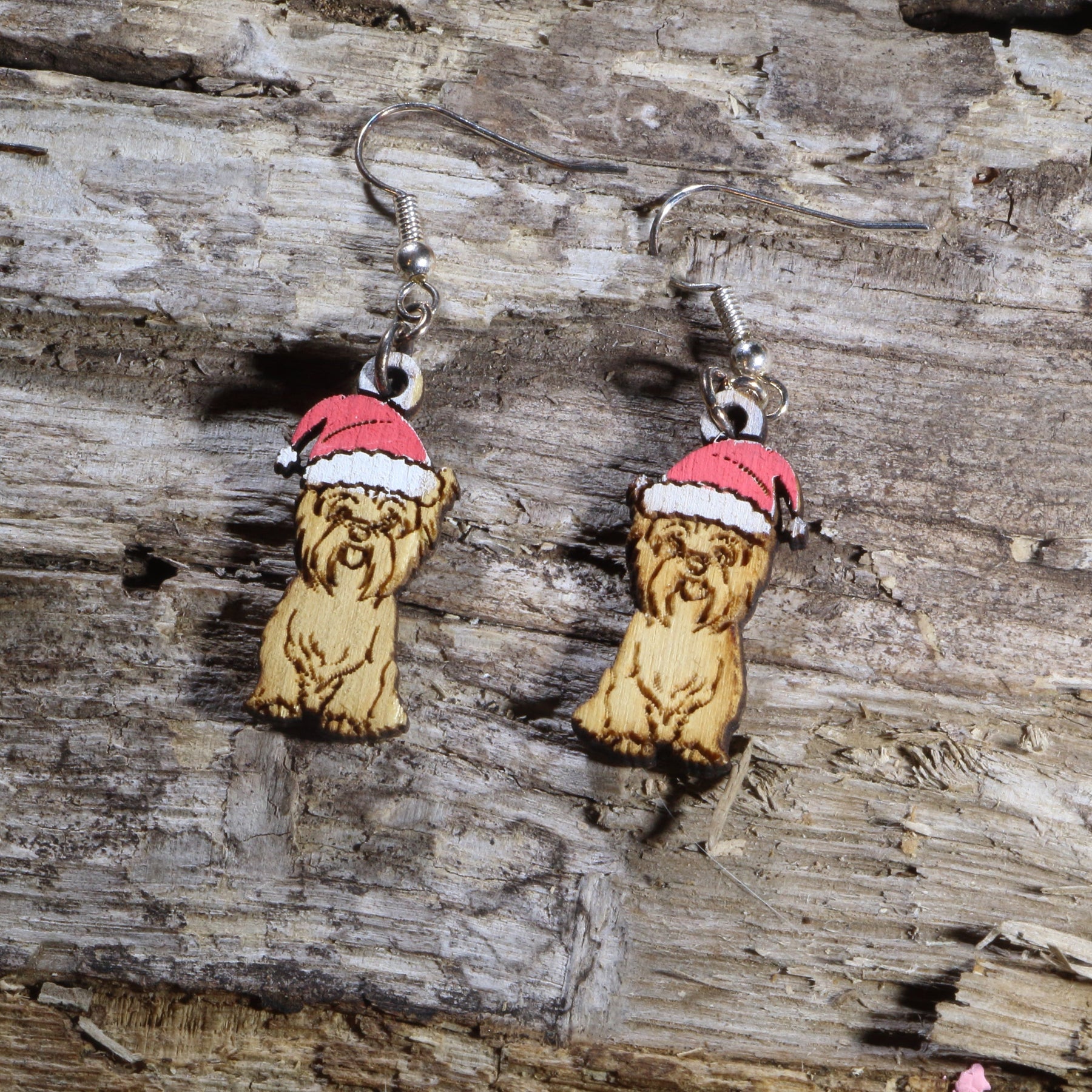 Yorkie with Santa Hat Wooden Dangle Earrings | Christmas Dog Jewelry