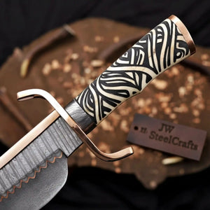 Copper Damascus Alamo Bowie Knife Handmade 12-Inch Musso-Style Collector Blade by JW SteelCrafts, Damascus knife detail photo 2