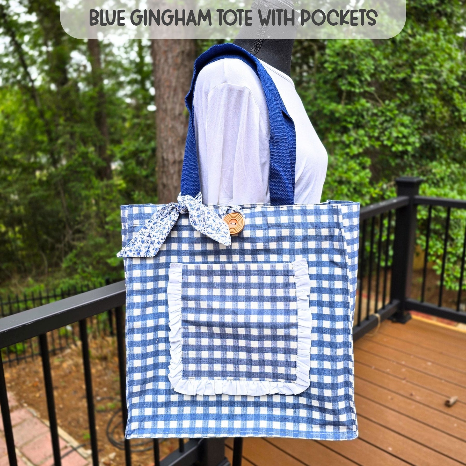Handmade Blue Gingham Tote Bag with Pockets & Floral Lining