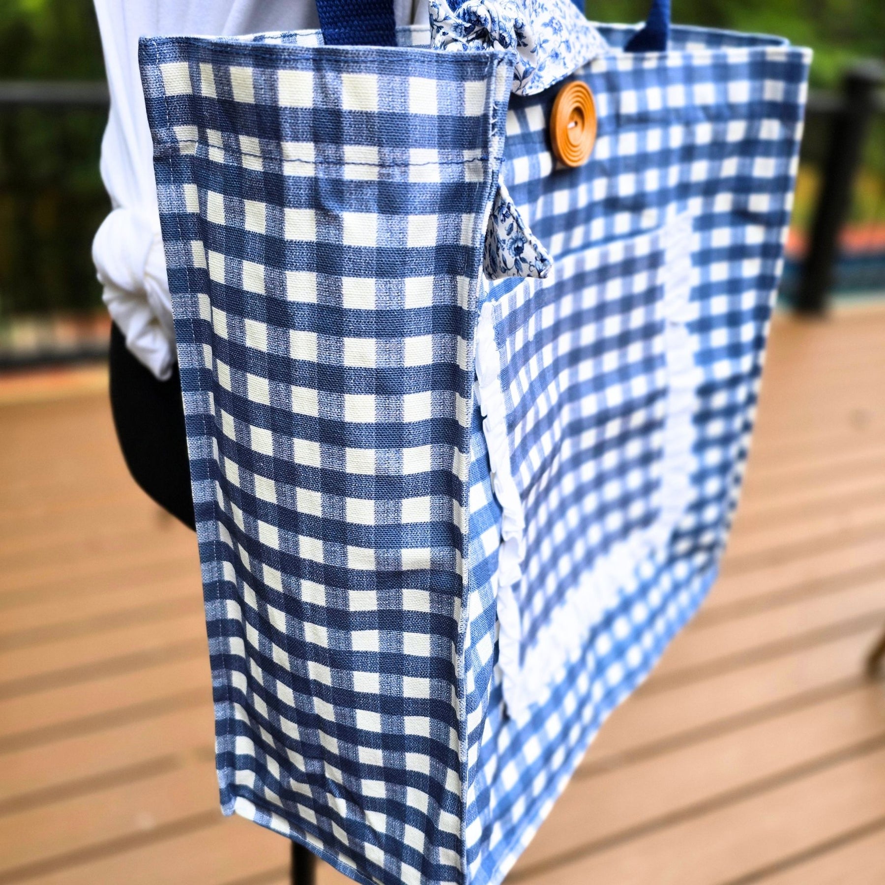 Handmade Blue Gingham Tote Bag with Pockets & Floral Lining