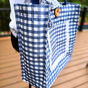 Handmade Blue Gingham Tote Bag with Pockets & Floral Lining