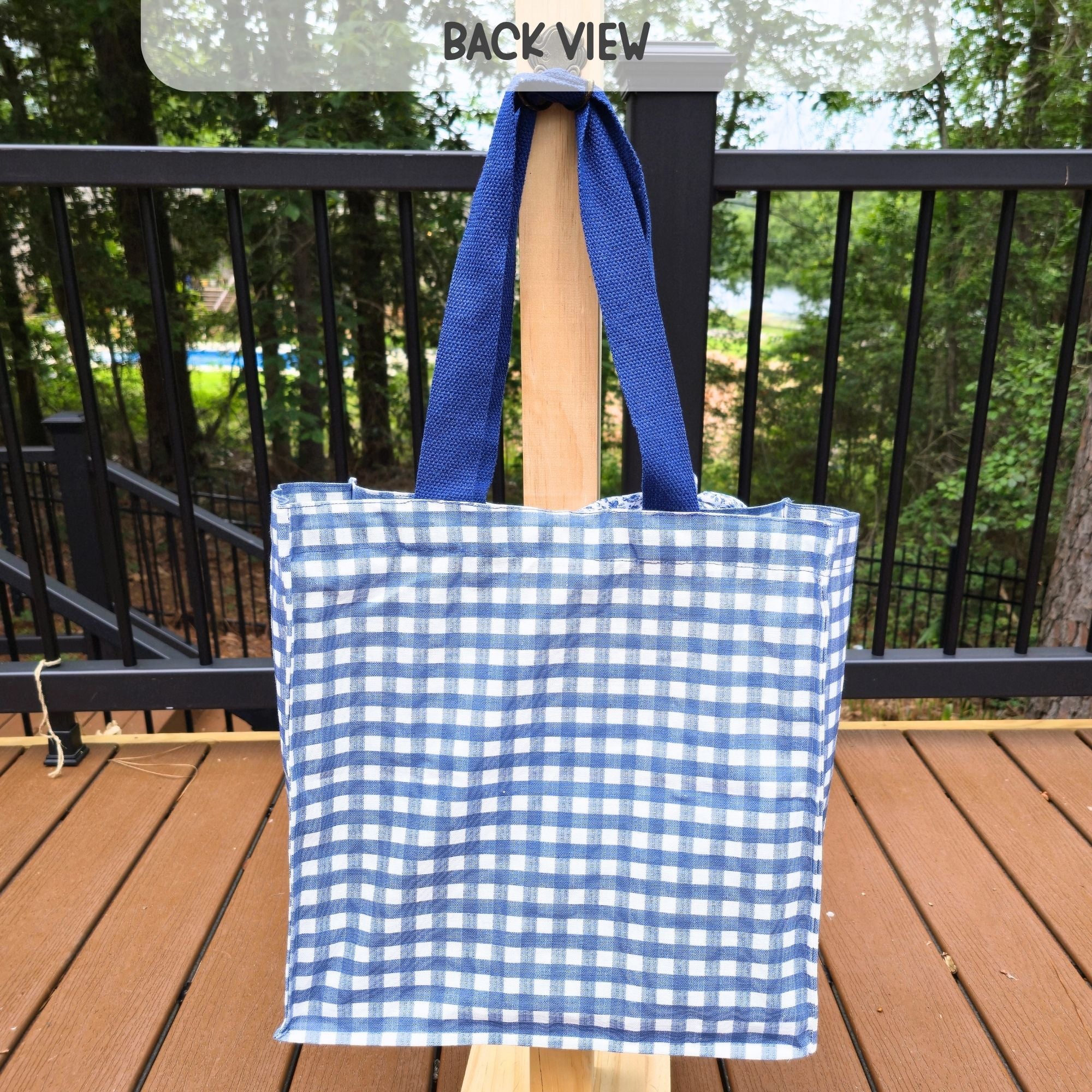 Handmade Blue Gingham Tote Bag with Pockets & Floral Lining by Maypop House Designs, handmade leather goods detail photo 2