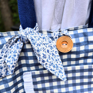 Handmade Blue Gingham Tote Bag with Pockets & Floral Lining