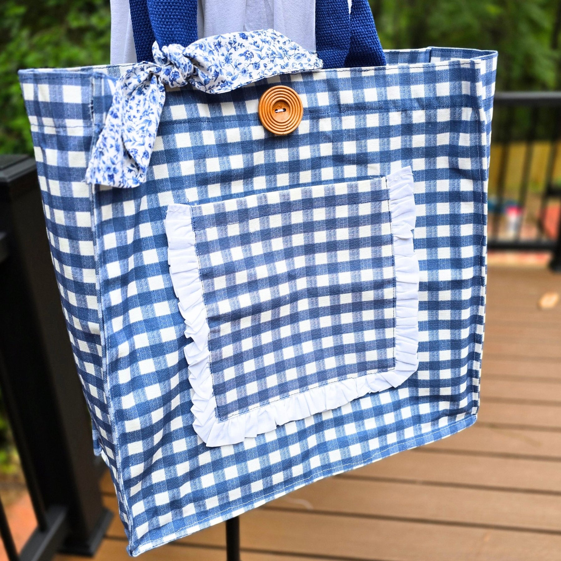 Handmade Blue Gingham Tote Bag with Pockets & Floral Lining