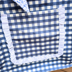 Handmade Blue Gingham Tote Bag with Pockets & Floral Lining